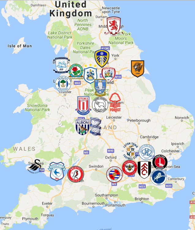 EFL Championship Map Clubs Logos Sport League Maps   2019 EFL Championship England Map 