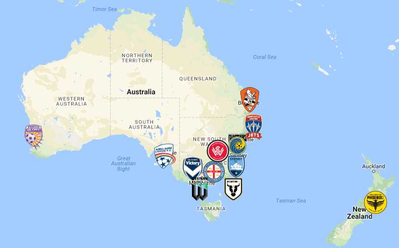A-League Map | Australia | Clubs | Logos - Sport League Maps
