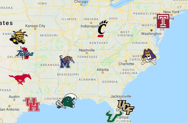 AAC Map | Teams | Logos - Sport League Maps : Maps of Sports Leagues