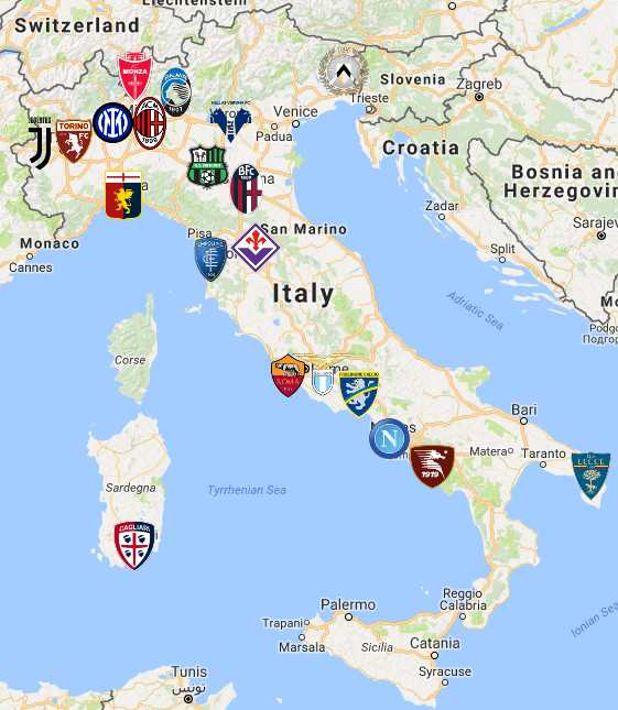 Location of Serie A + Serie B teams in the 2022/23 season : r/soccer