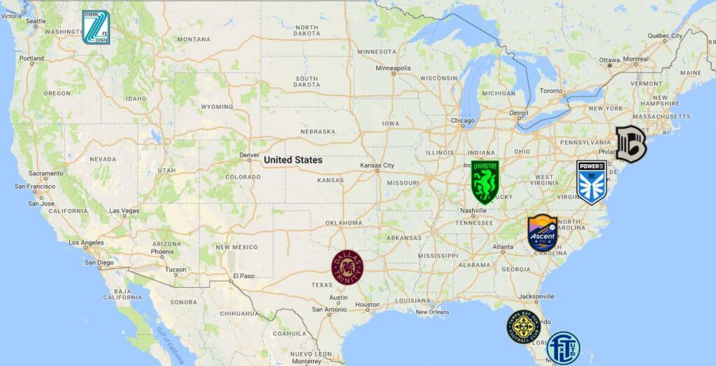 USL Super League Map | Teams - Sport League Maps